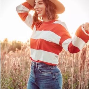 Madewell Easy Crop Long Sleeve Tee Rugby Stripe Size S Rust Cream Cotton T-Shirt